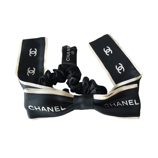 Chanel CC Silk Hair Tie Black-NOBLEMARS