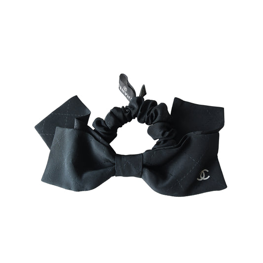 Chanel CC Silk Twill Ribbon Scrunchie Black-NOBLEMARS