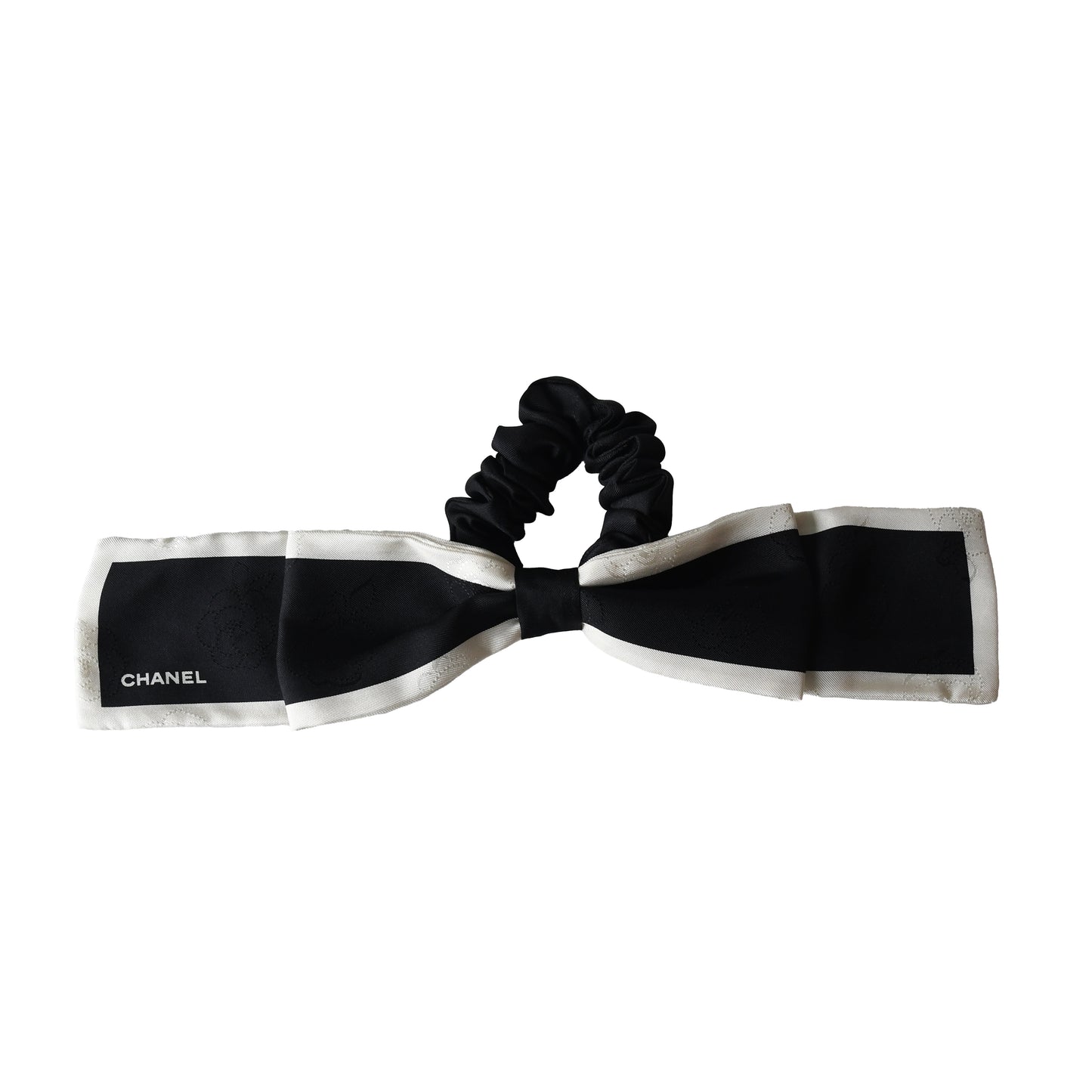 Chanel Silk Hair Tie Black Ivory-NOBLEMARS