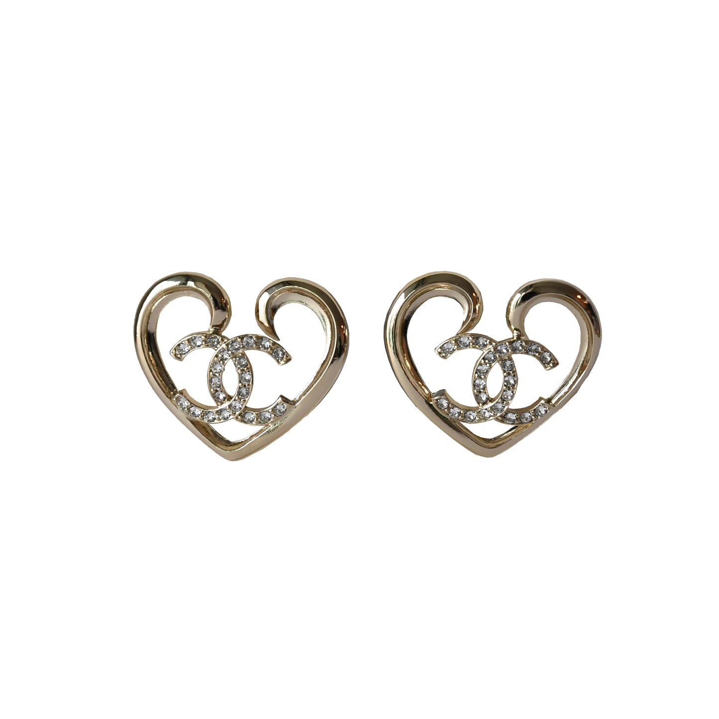 Chanel CC Crystal Strass Heart Drop Earrings Gold-NOBLEMARS