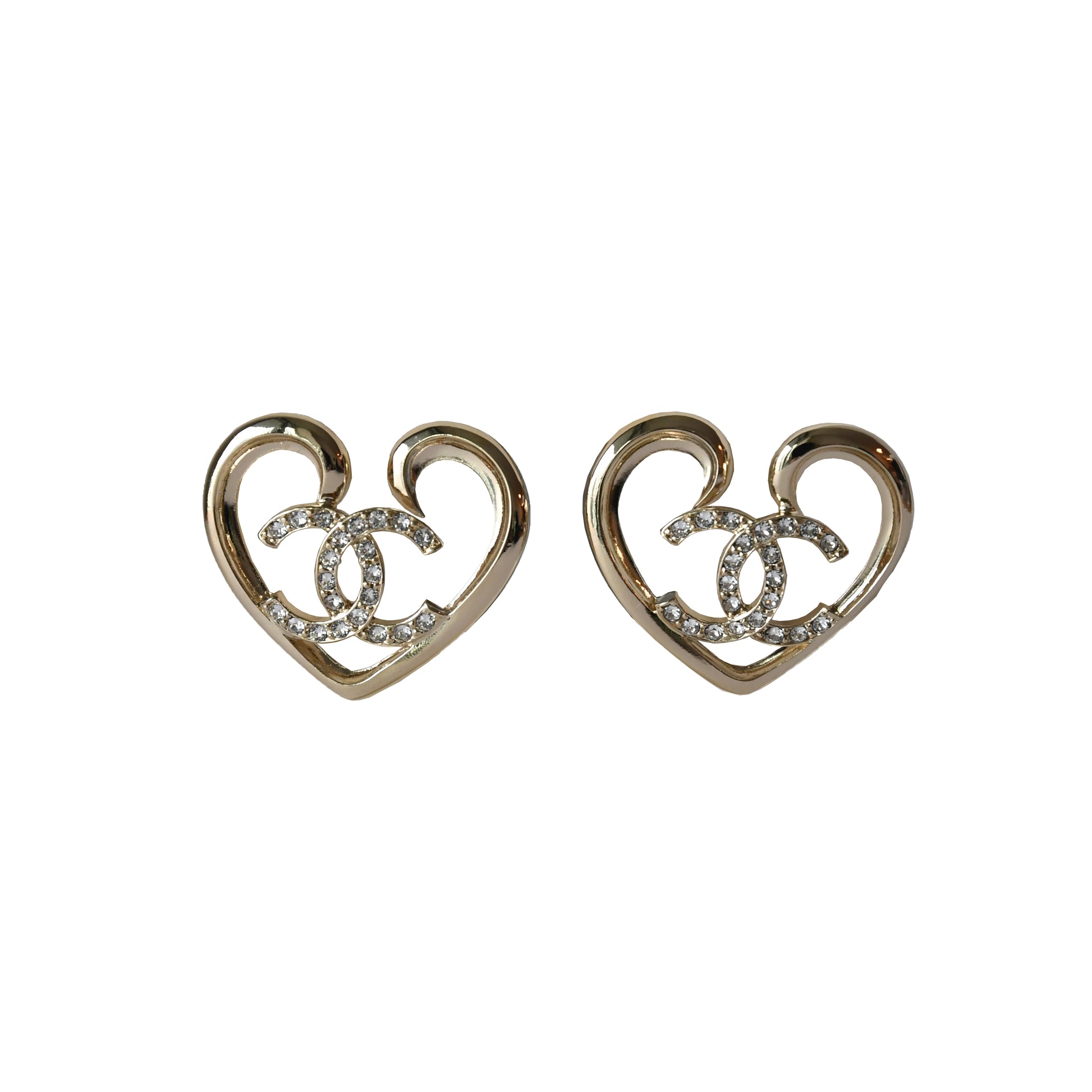Chanel CC Crystal Strass Heart Drop Earrings Gold-NOBLEMARS