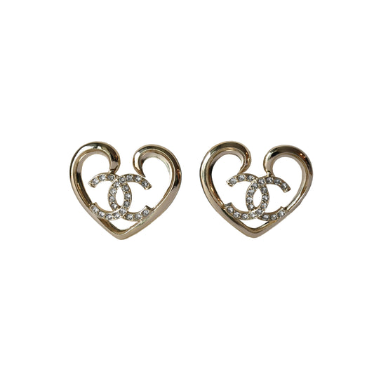 Chanel CC Crystal Strass Heart Drop Earrings Gold-NOBLEMARS