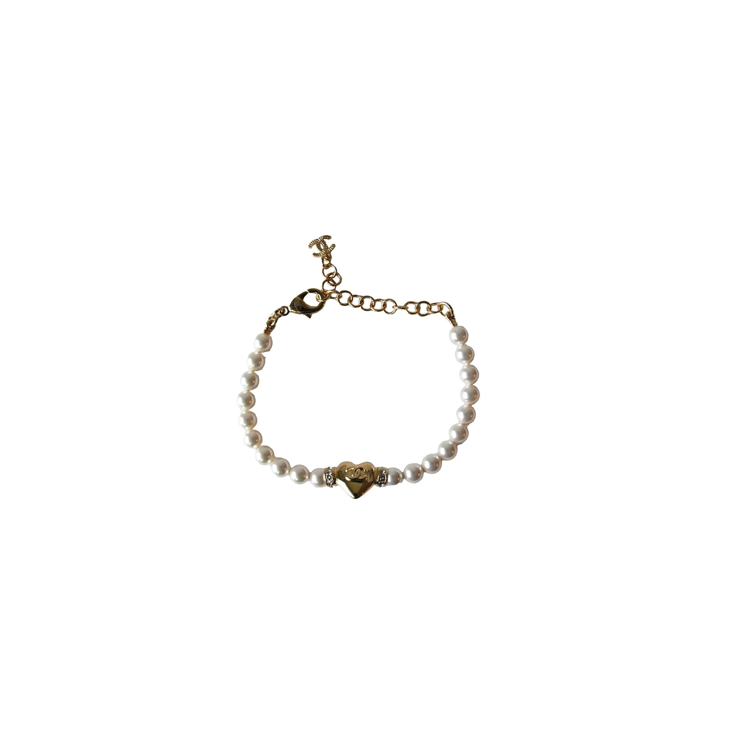 Chanel CC Crystal Strass Heart Pearl Bracelet Gold-NOBLEMARS