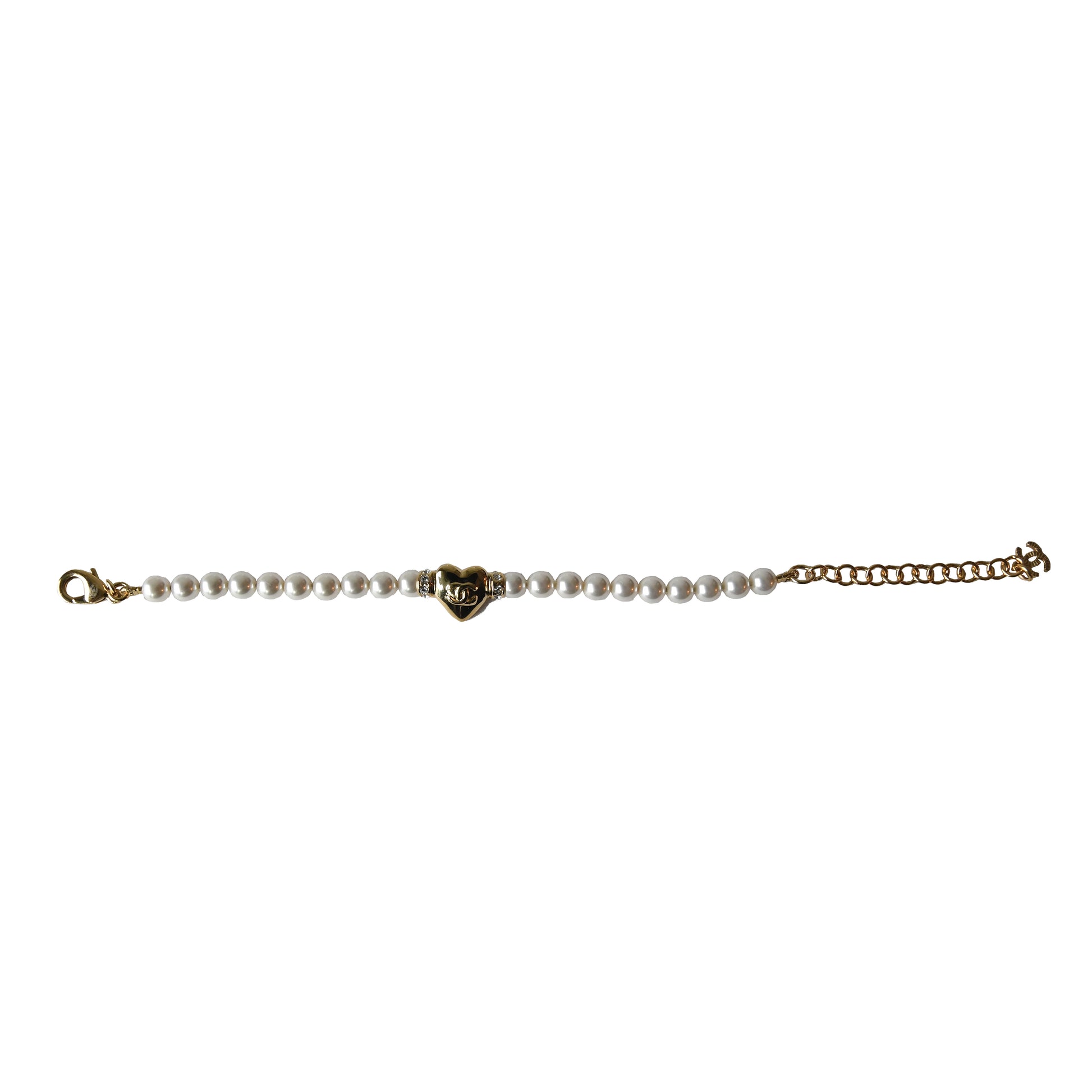 Chanel CC Crystal Strass Heart Pearl Bracelet Gold-NOBLEMARS