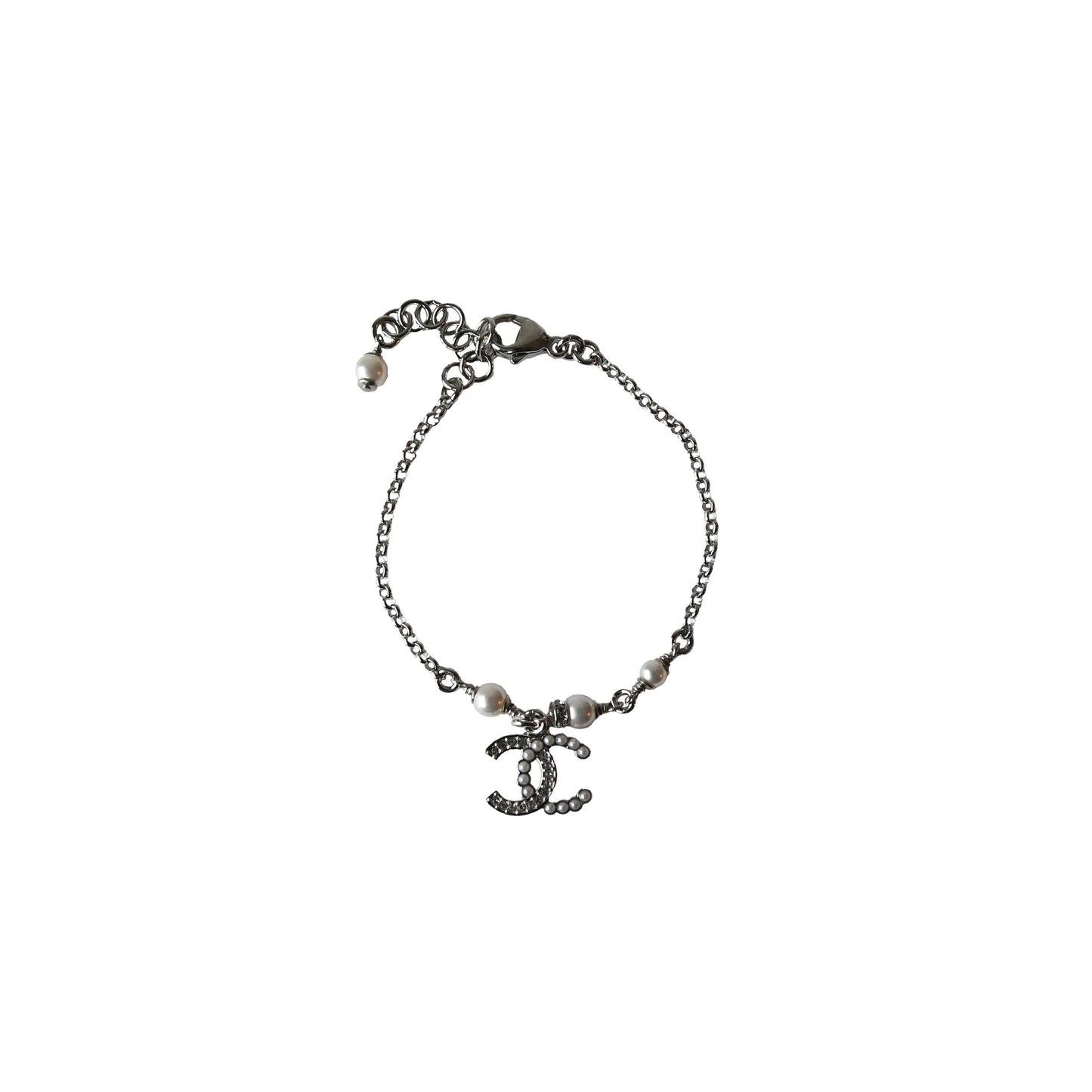 Chanel CC Pearl Crystal Strass Pendant Bracelet Silver-NOBLEMARS