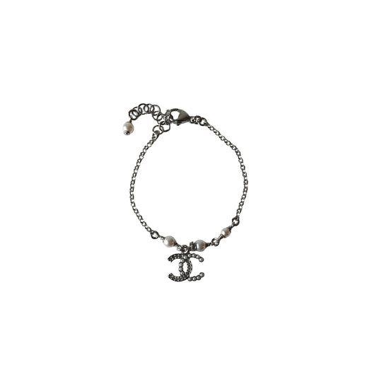 Chanel CC Pearl Crystal Strass Pendant Bracelet Silver-NOBLEMARS