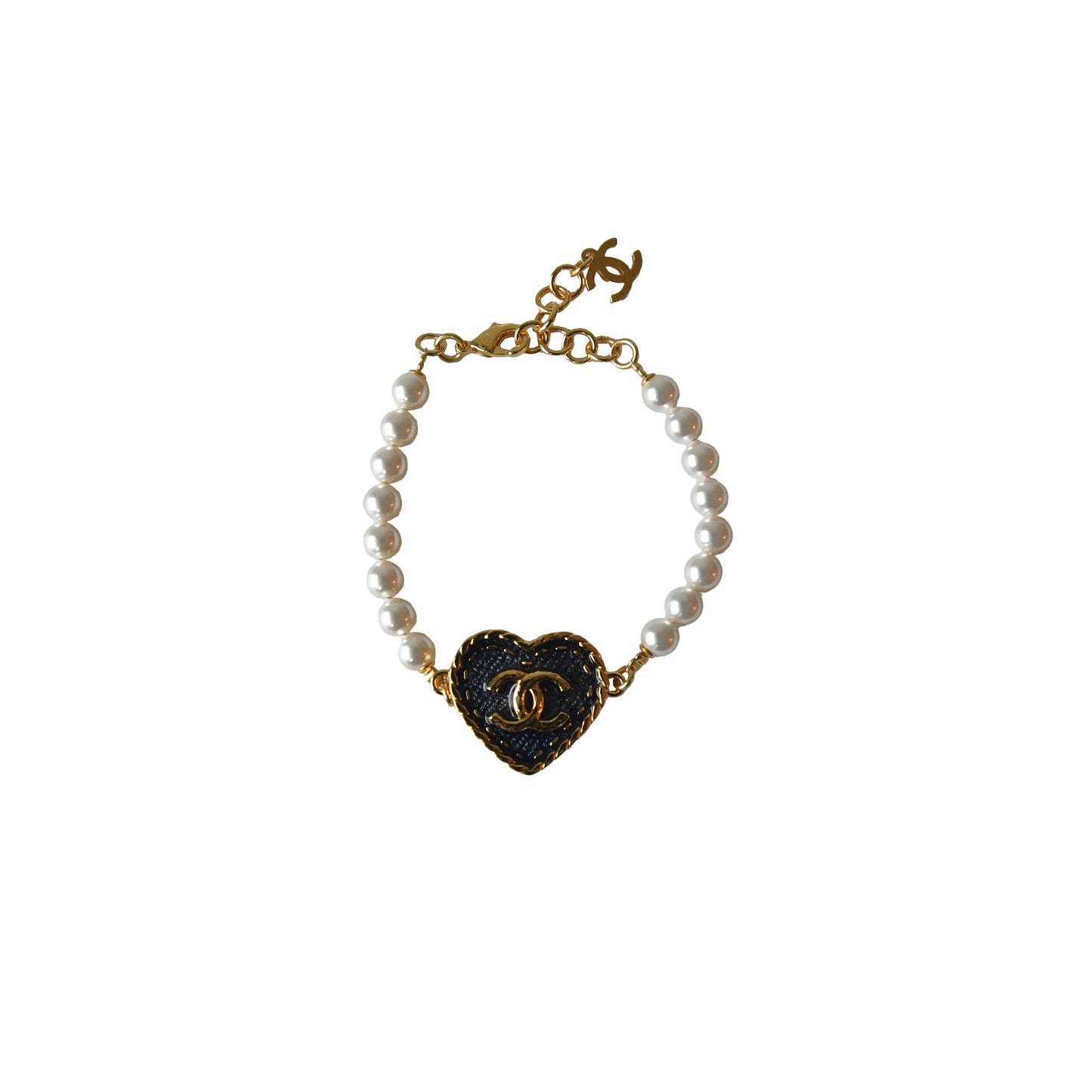 Chanel CC Heart Metal Denim Bracelet Gold Blue Pearly-NOBLEMARS