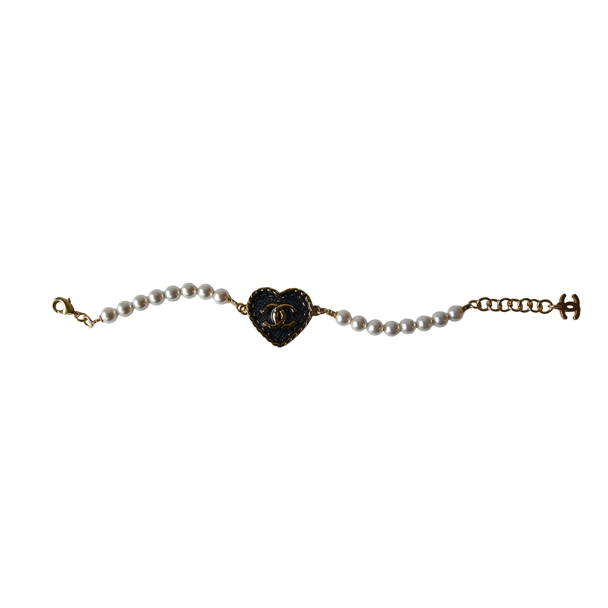 Chanel CC Heart Metal Denim Bracelet Gold Blue Pearly-NOBLEMARS
