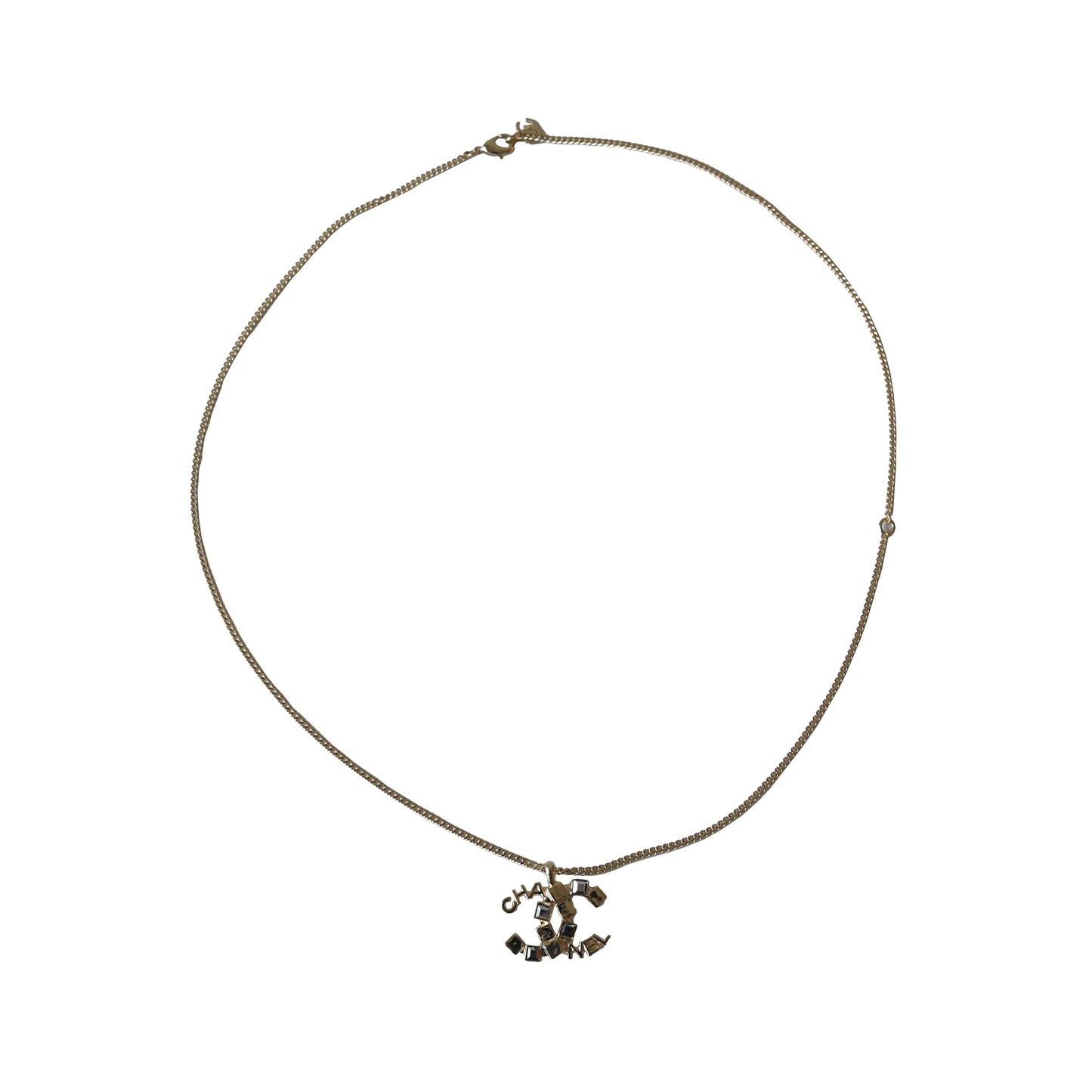 Chanel CC Logo With Square Crystal Strass Pendant Necklace Gold-NOBLEMARS