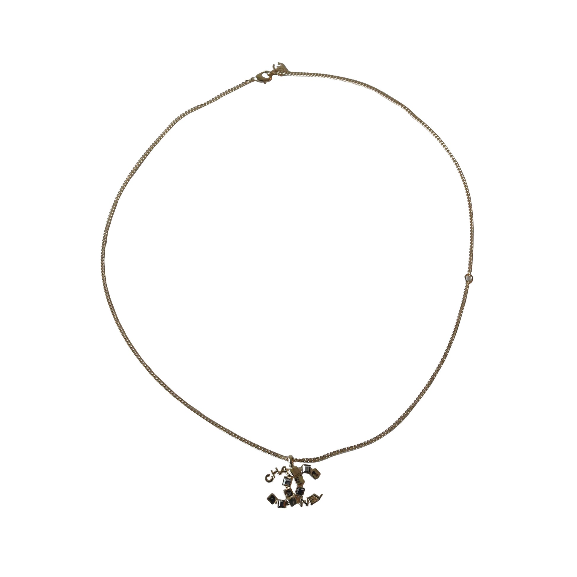 Chanel CC Logo With Square Crystal Strass Pendant Necklace Gold-NOBLEMARS