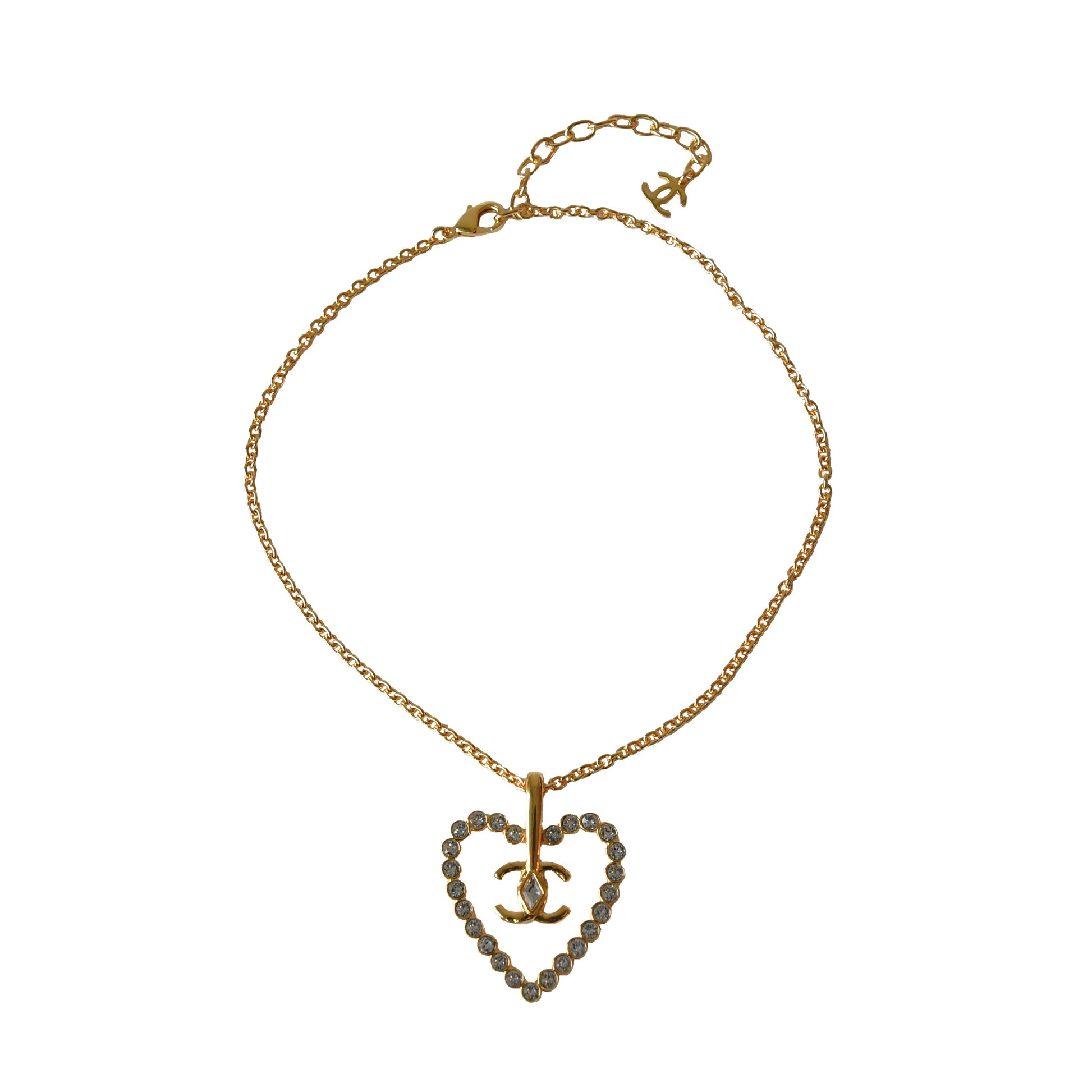 Chanel CC Heart Crystal Strass Pendant Necklace Gold-NOBLEMARS