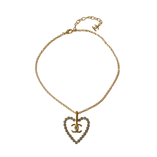 Chanel CC Heart Crystal Strass Pendant Necklace Gold-NOBLEMARS
