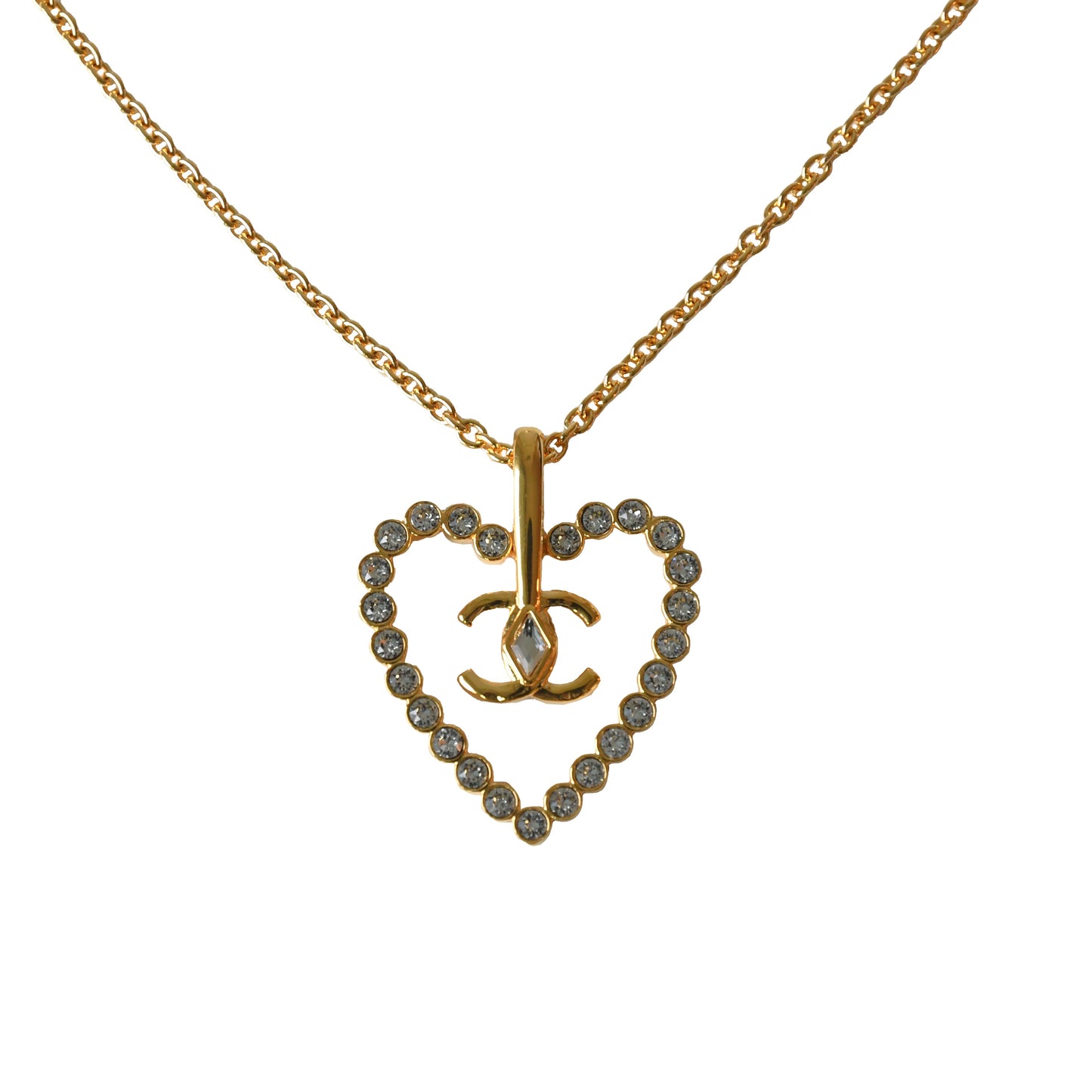 Chanel CC Heart Crystal Strass Pendant Necklace Gold-NOBLEMARS