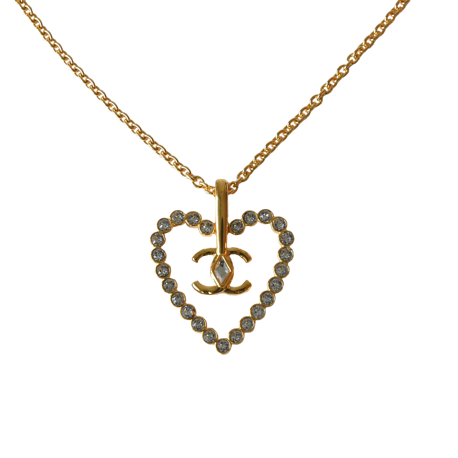 Chanel CC Heart Crystal Strass Pendant Necklace Gold-NOBLEMARS