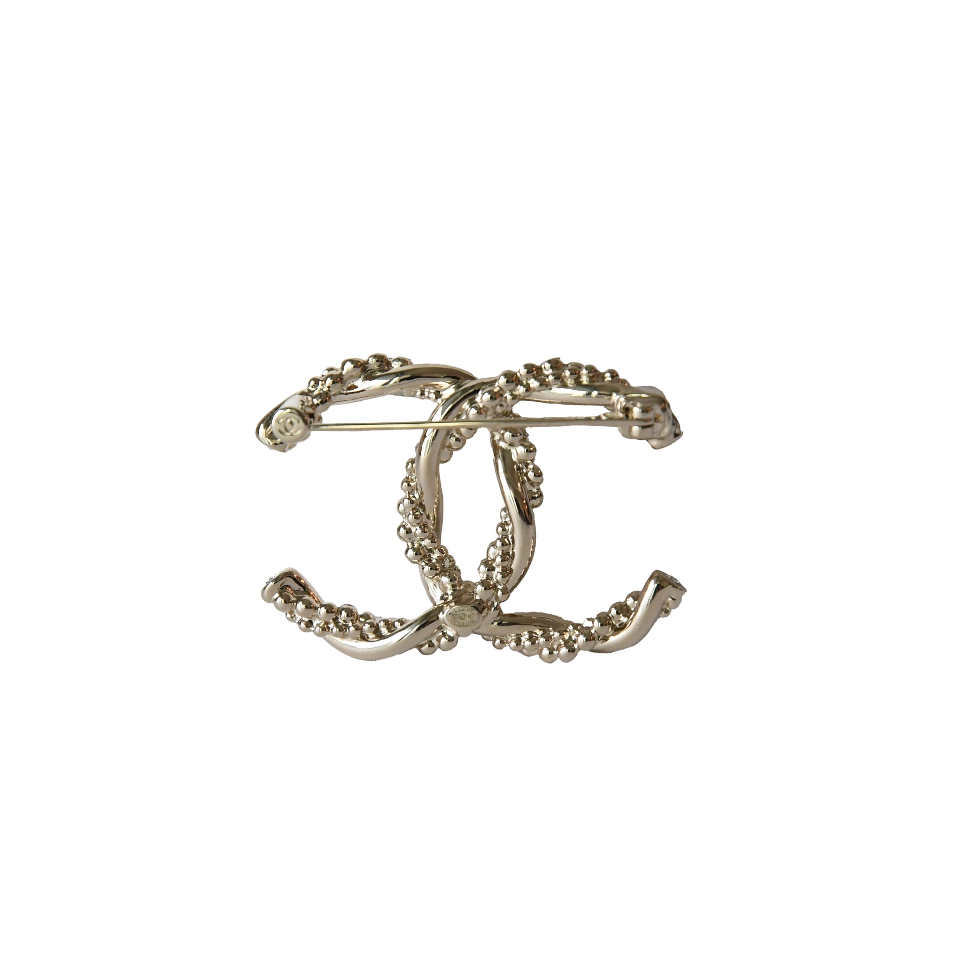 Chanel CC Metal Crystal Strass Twisted Brooch Light Gold-NOBLEMARS