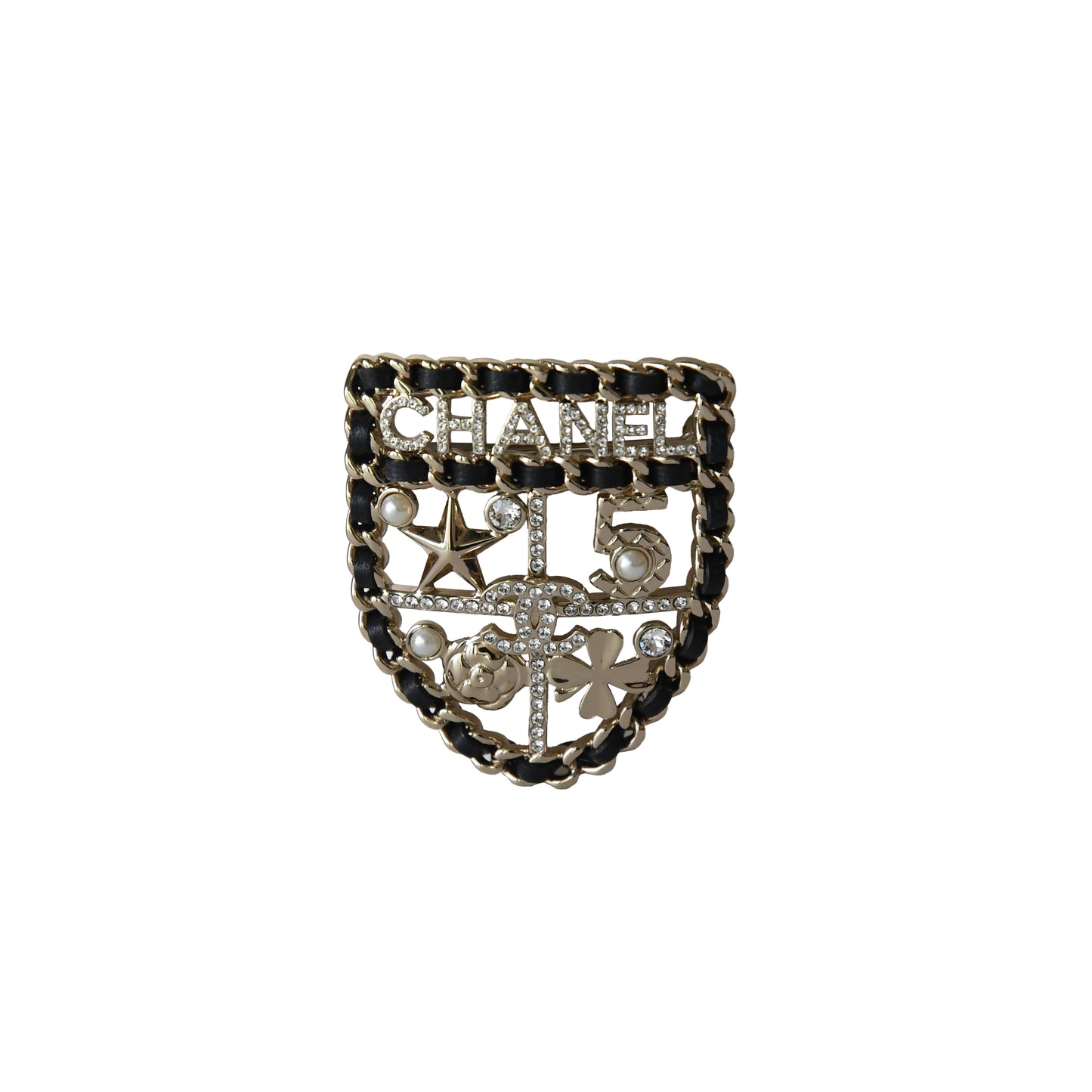 Chanel Lambskin Pearl Crystal Strass Sergeant Shield Brooch Gold-NOBLEMARS