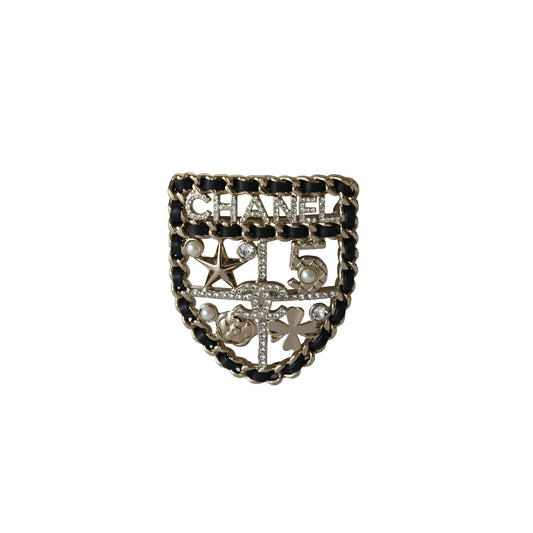 Chanel Lambskin Pearl Crystal Strass Sergeant Shield Brooch Gold-NOBLEMARS