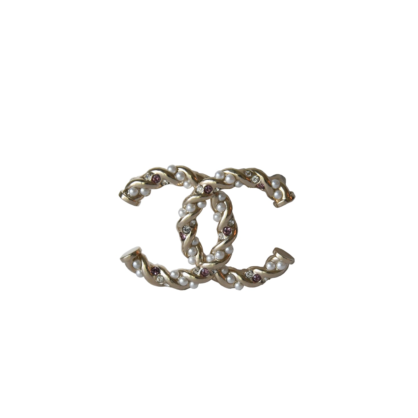 Chanel CC Crystal Strass Pearl Twisted Brooch Gold-NOBLEMARS