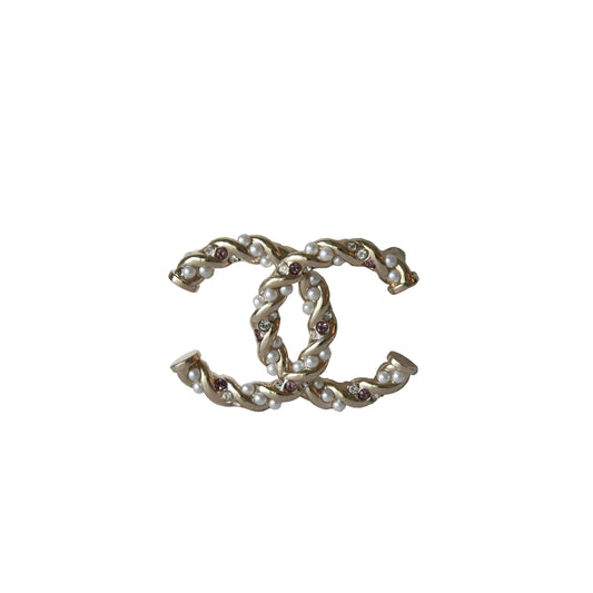 Chanel CC Crystal Strass Pearl Twisted Brooch Gold-NOBLEMARS