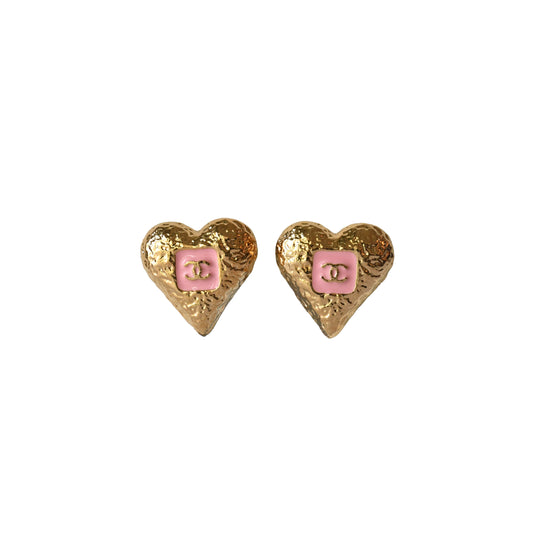 Chanel CC Enamel Heart Stud Earrings Gold-NOBLEMARS