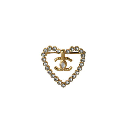 Chanel CC Crystal Strass Heart Brooch Gold-NOBLEMARS