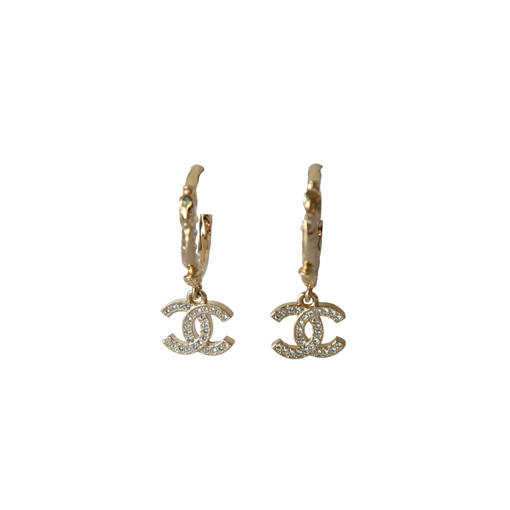 Chanel CC Metal Crystal Strass Studded Hoop Drop Earrings Gold-NOBLEMARS