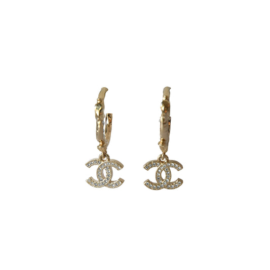 Chanel CC Metal Crystal Strass Studded Hoop Drop Earrings Gold-NOBLEMARS