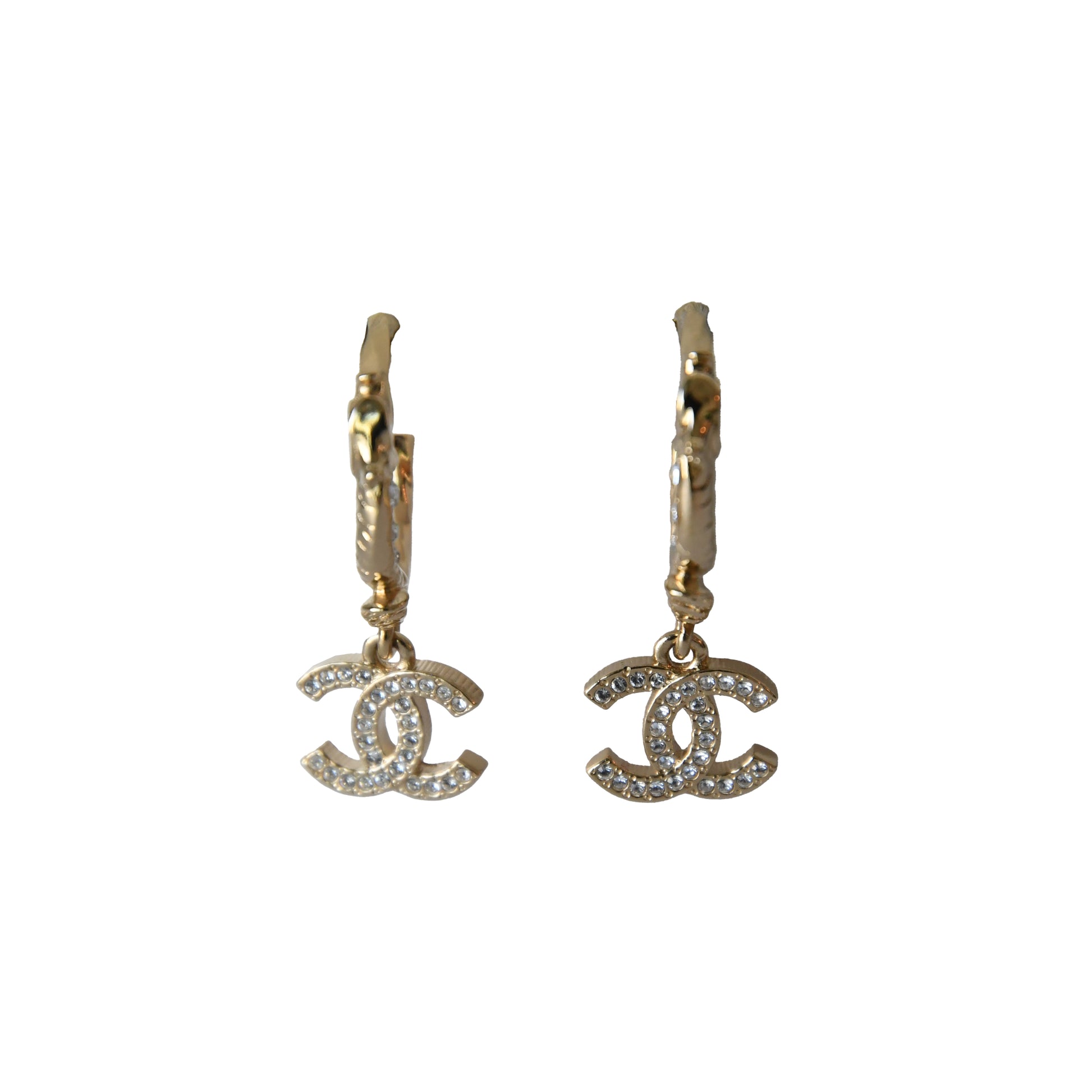 Chanel CC Metal Crystal Strass Studded Hoop Drop Earrings Gold-NOBLEMARS