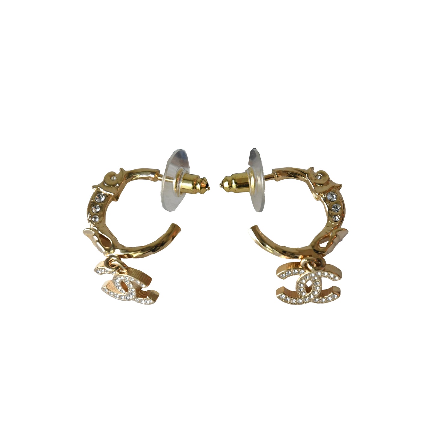 Chanel CC Metal Crystal Strass Studded Hoop Drop Earrings Gold-NOBLEMARS