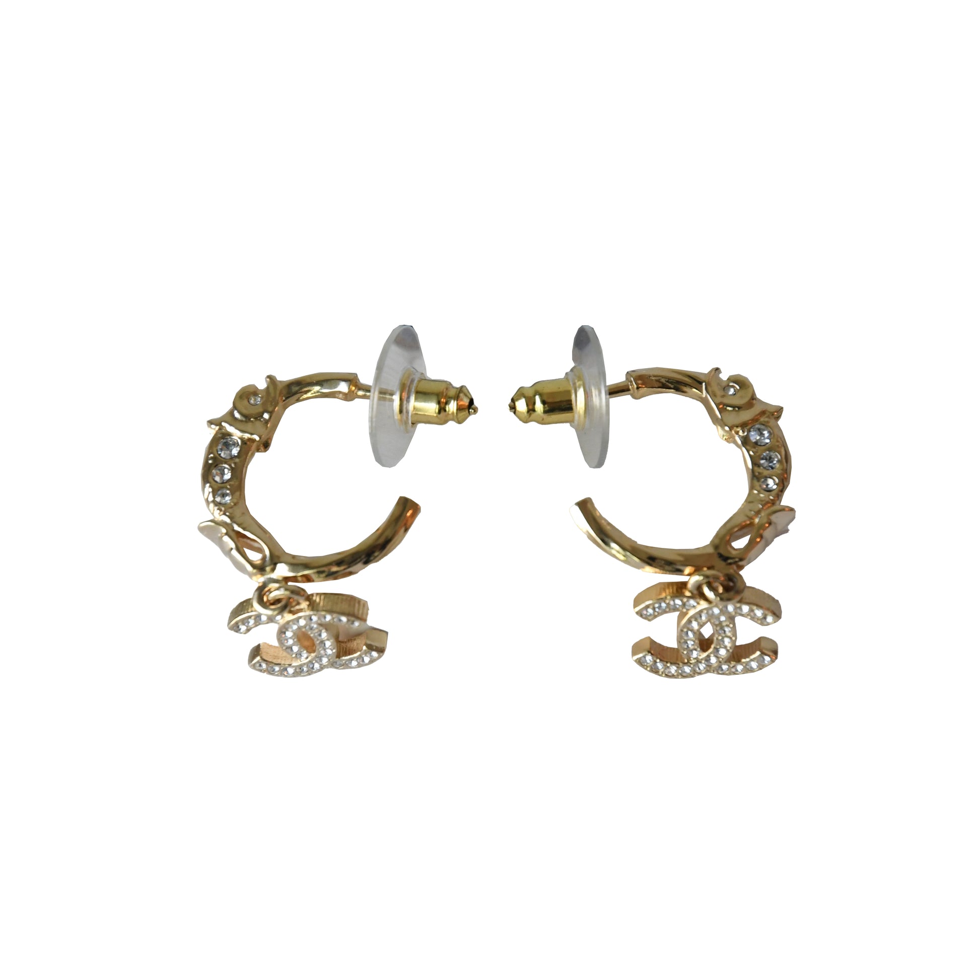 Chanel CC Metal Crystal Strass Studded Hoop Drop Earrings Gold-NOBLEMARS