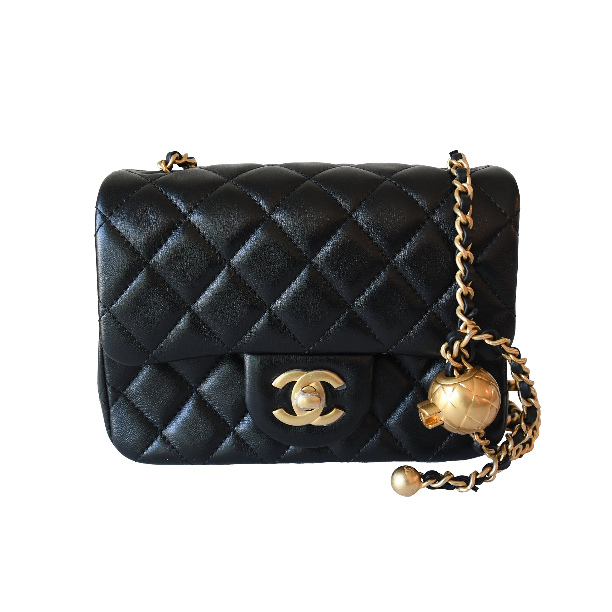 Chanel Lambskin Quilted Square Mini Pearl Crush Flap Bag Gold Hardware Black-NOBLEMARS