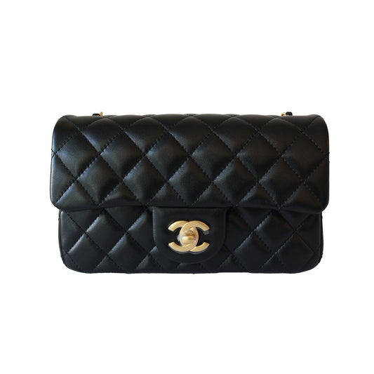 Chanel Quilted Lambskin Pearl Crush Rectangular Flap Bag Gold Hardware Black-NOBLEMARS