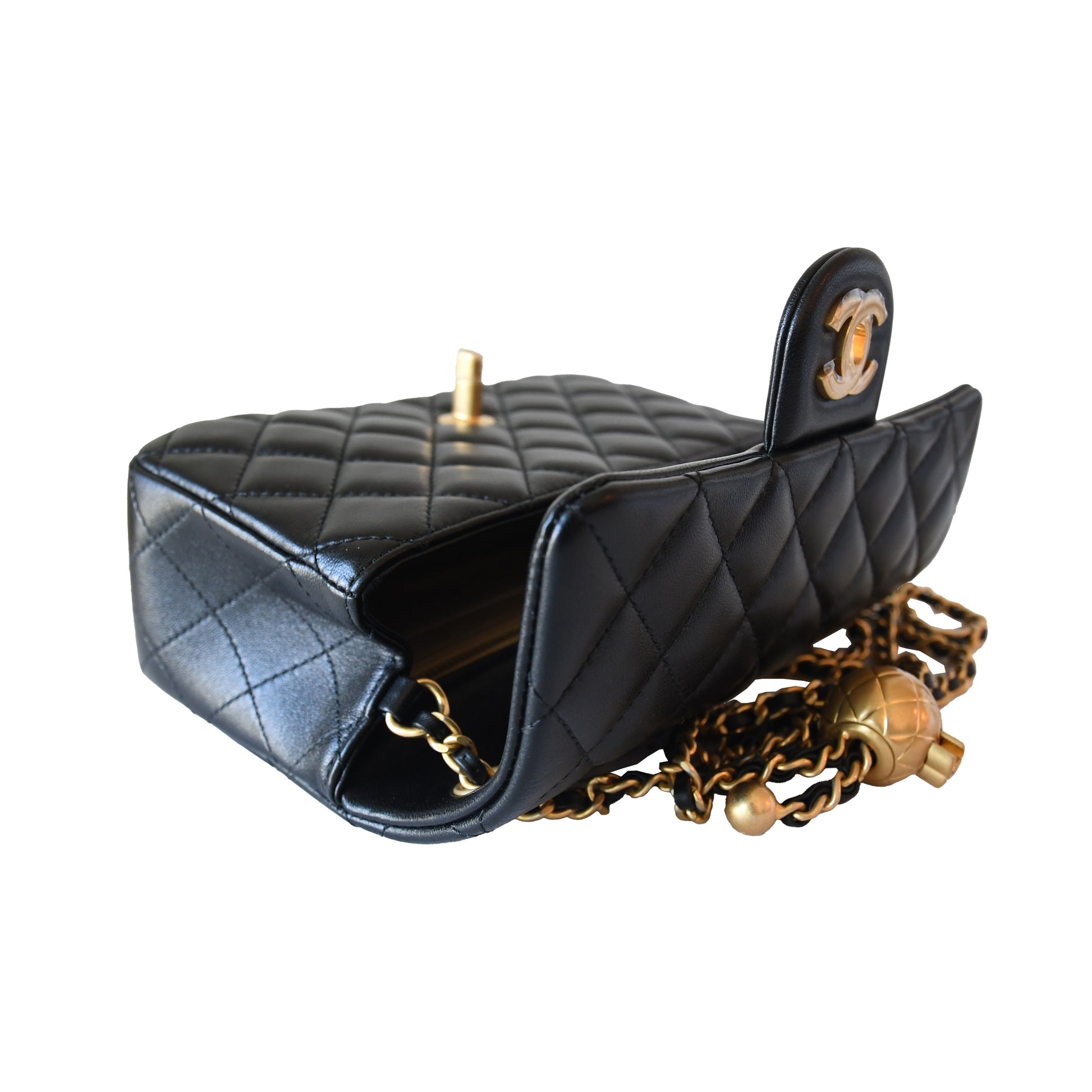 Chanel Quilted Lambskin Pearl Crush Rectangular Flap Bag Gold Hardware Black-NOBLEMARS