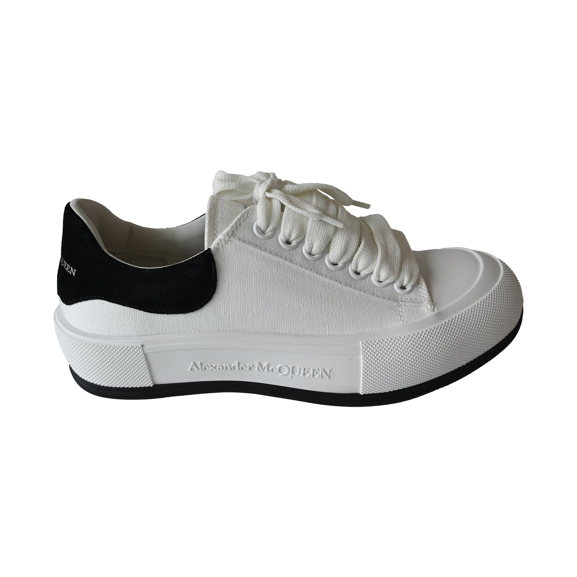 Alexander McQueen Deck Skate Plimsoll Lace Up White Black-NOBLEMARS