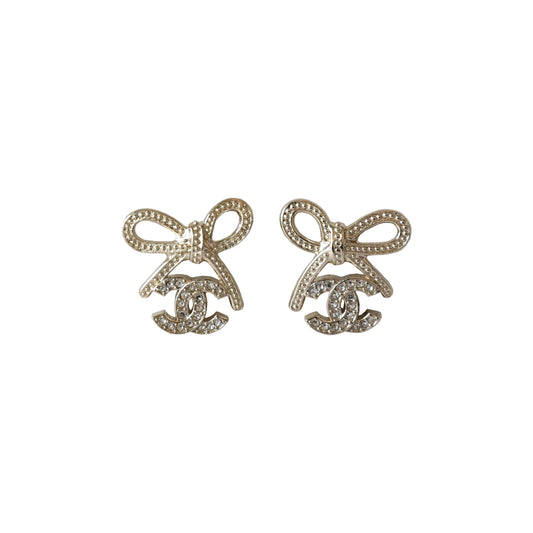 Chanel CC Crystal Strass Bow Stud Earrings Gold-NOBLEMARS