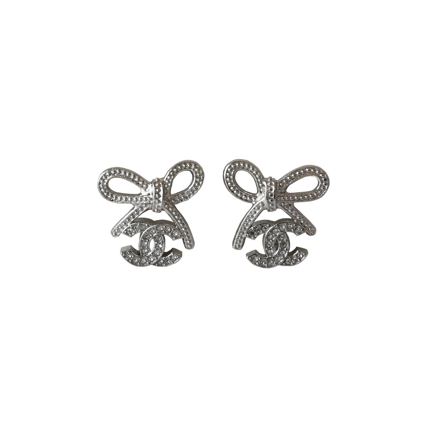 Chanel CC Crystal Strass Bow Stud Earrings Silver-NOBLEMARS