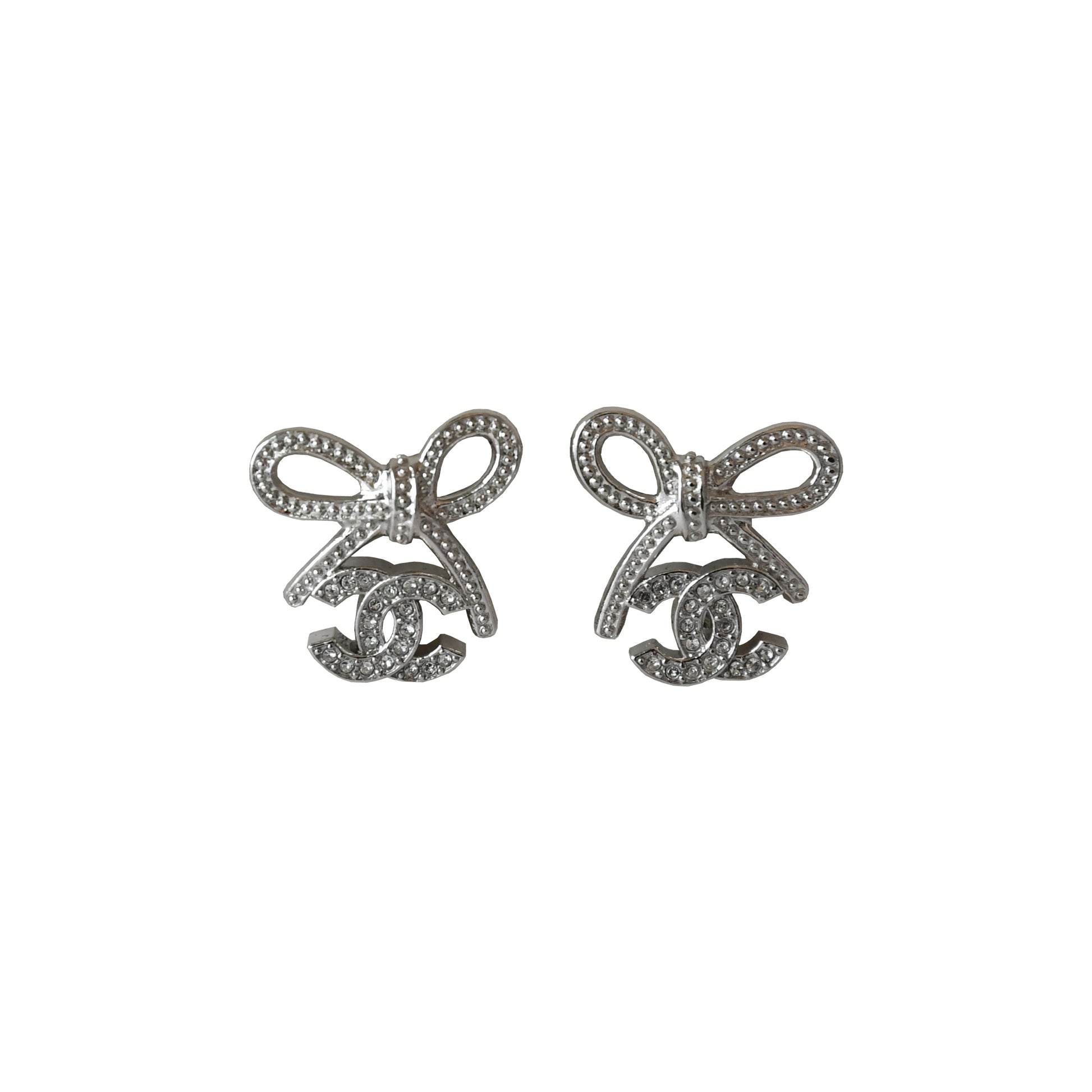 Chanel CC Crystal Strass Bow Stud Earrings Silver-NOBLEMARS
