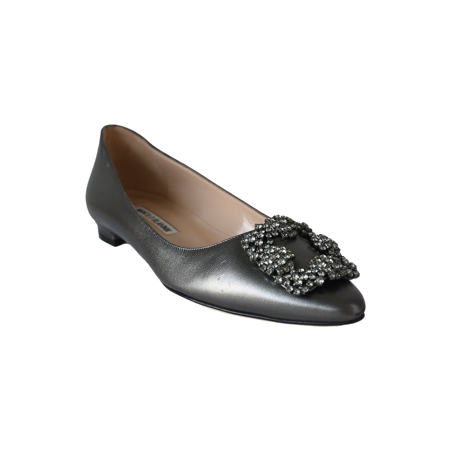 Manolo Blahnik Hangisi Graphite Satin Embellished Flats Grey-NOBLEMARS