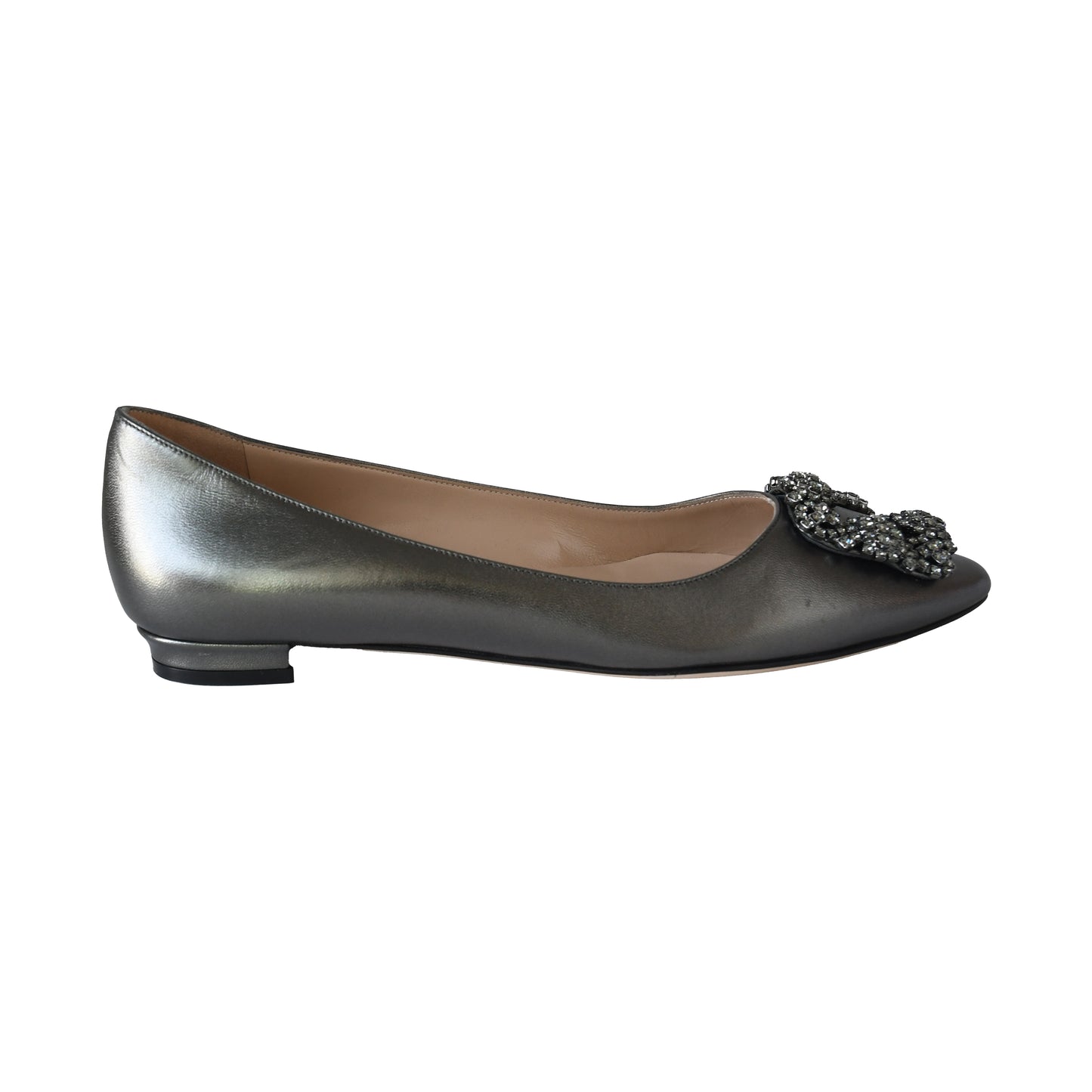 Manolo Blahnik Hangisi Graphite Satin Embellished Flats Grey-NOBLEMARS