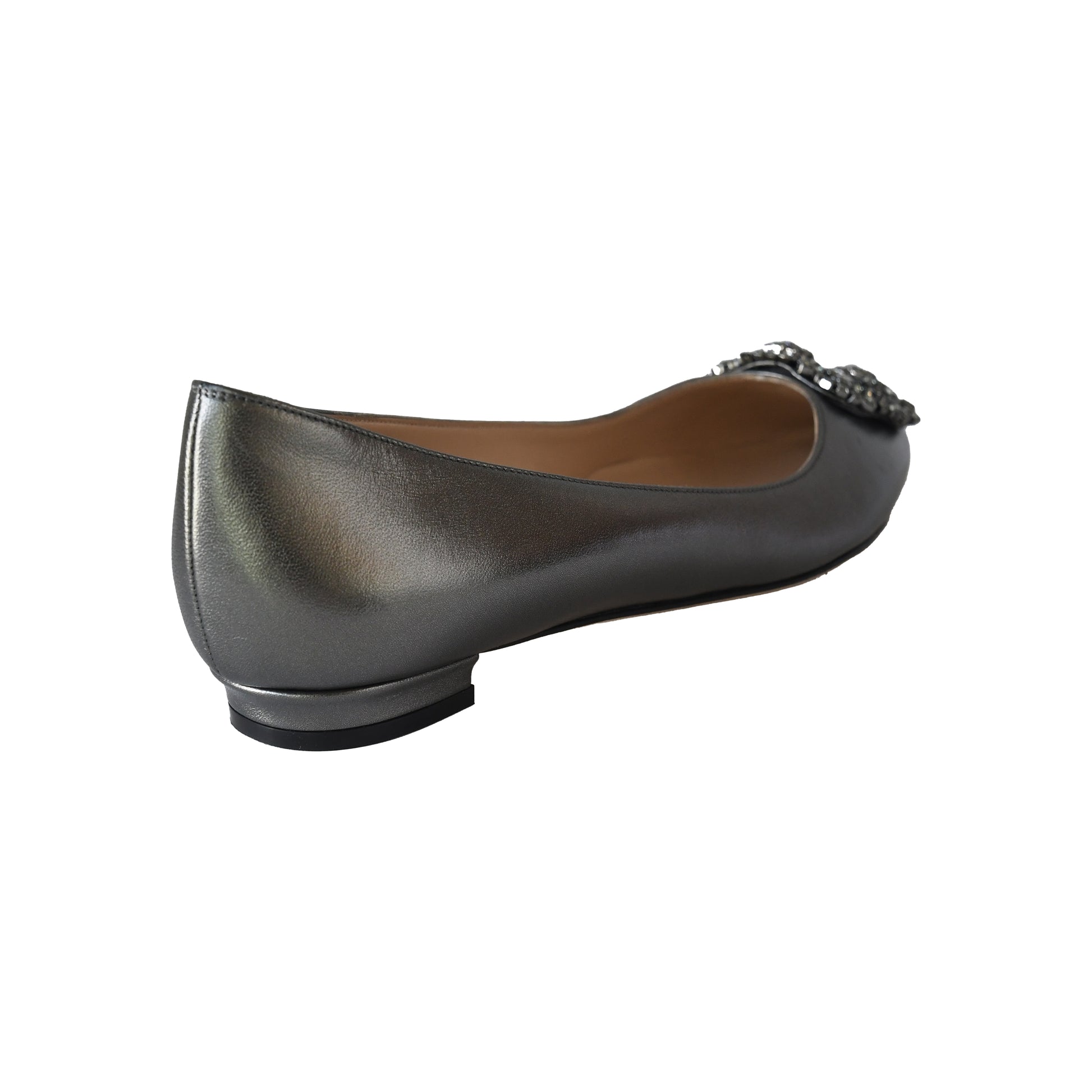 Manolo Blahnik Hangisi Graphite Satin Embellished Flats Grey-NOBLEMARS