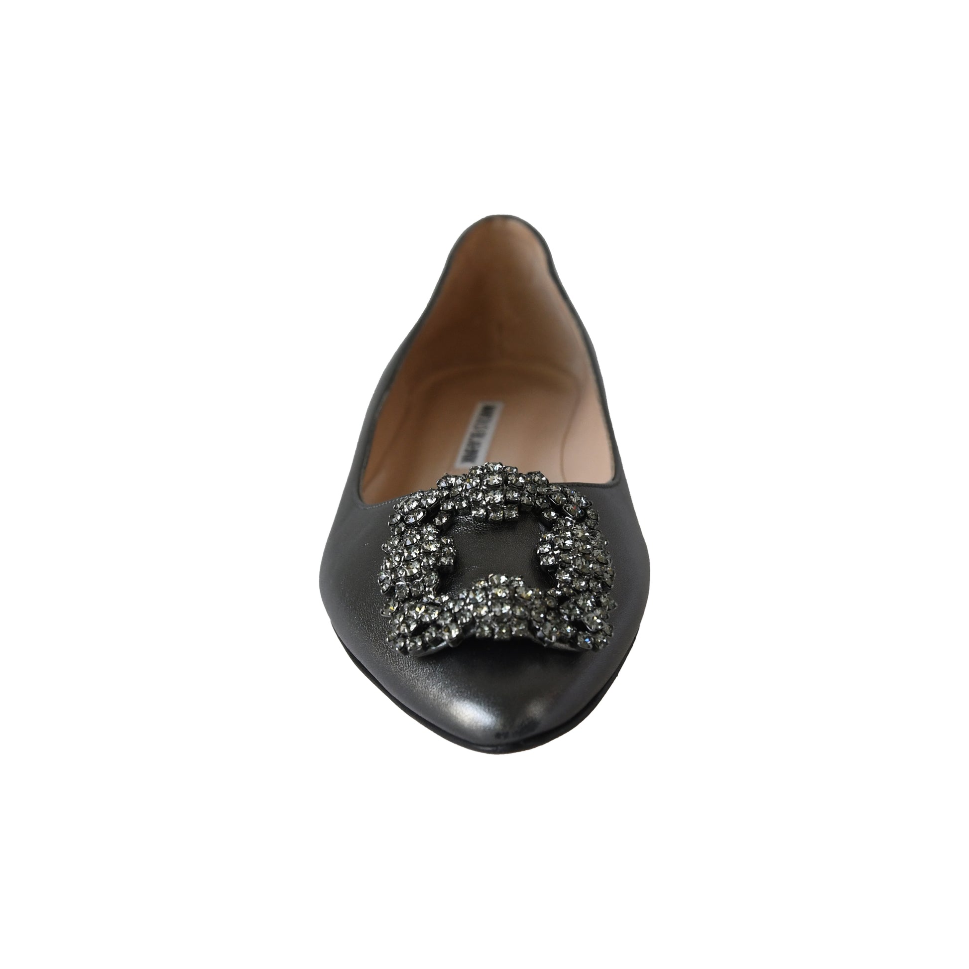 Manolo Blahnik Hangisi Graphite Satin Embellished Flats Grey-NOBLEMARS