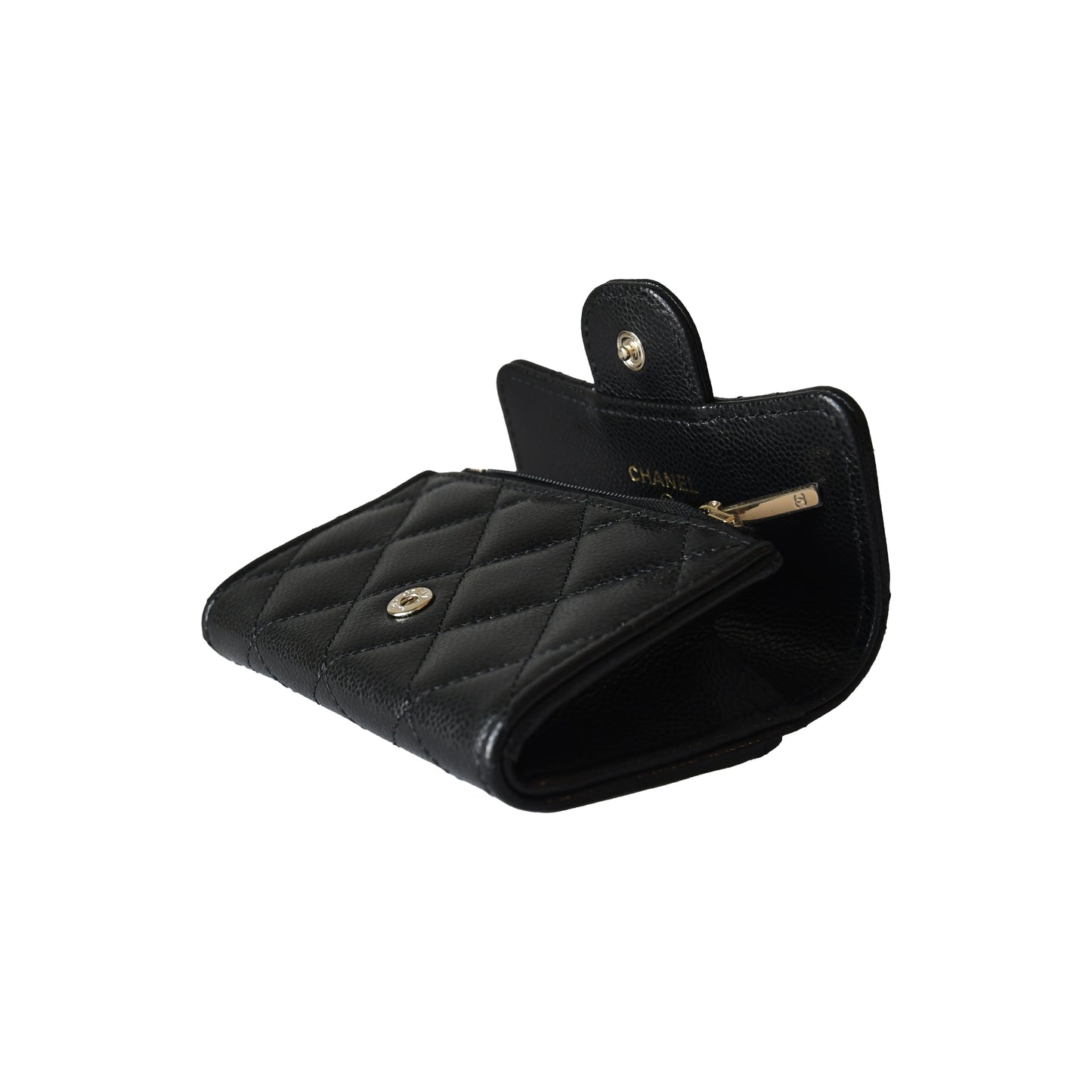 Chanel Quilted Caviar Flap Card Holder With Zipped Wallet Gold Hardware Black-NOBLEMARS