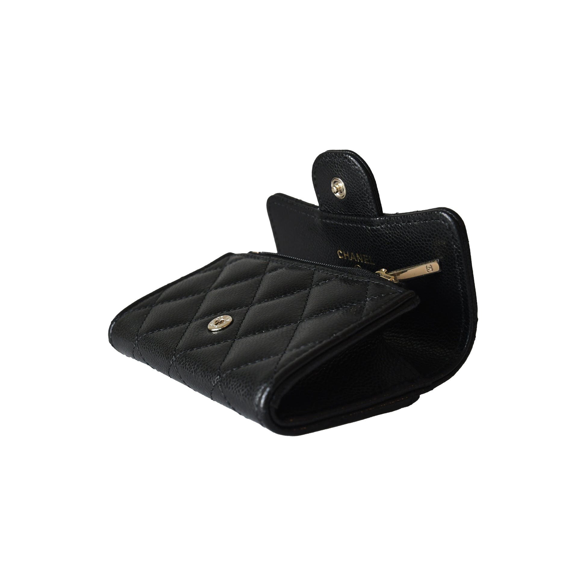 Chanel Quilted Caviar Flap Card Holder With Zipped Wallet Gold Hardware Black-NOBLEMARS