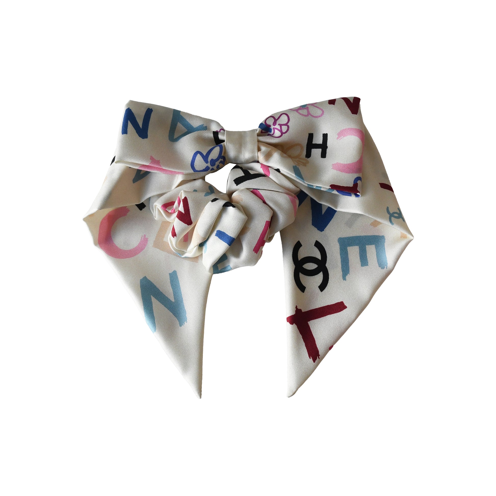Chanel Silk Hair Tie with Letter Scrunchie Ivory-NOBLEMARS
