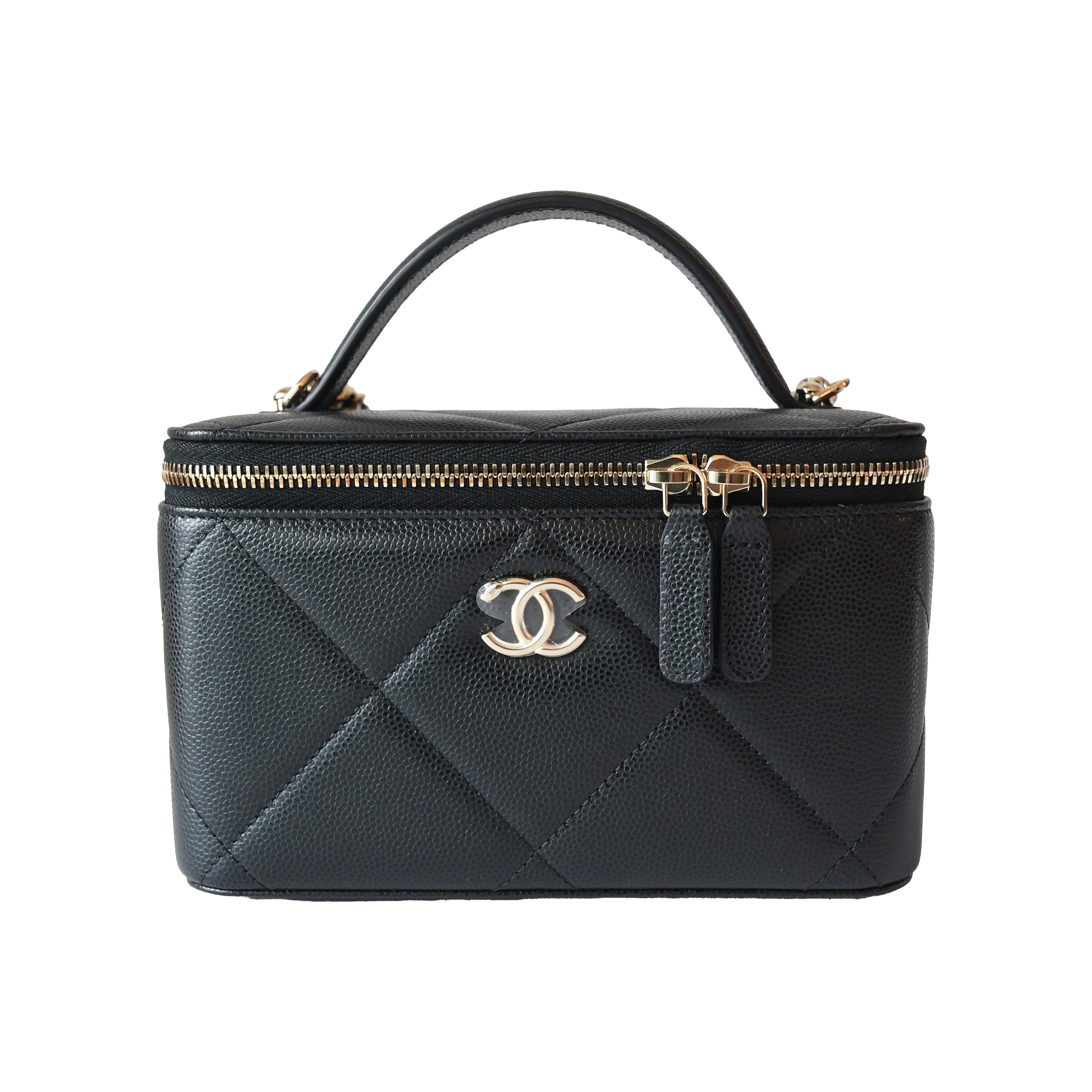 Chanel 25K Caviar Quilted Vanity Case Top Handle With Chain Gold