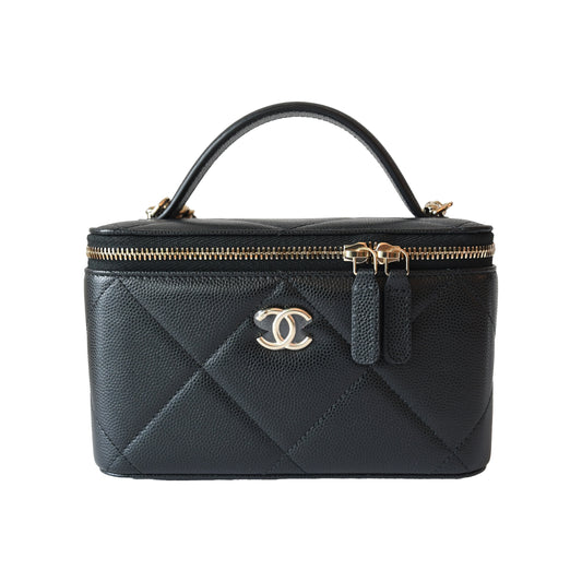 Chanel 25K Caviar Quilted Vanity Case Top Handle With Chain Gold hardware Black-NOBLEMARS