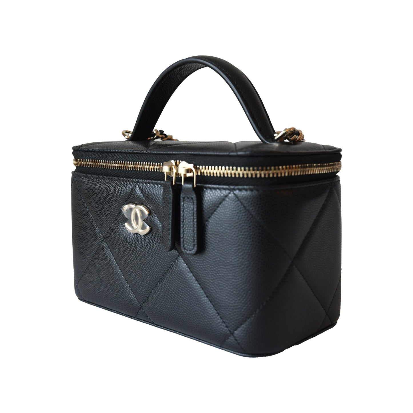 Chanel 25K Caviar Quilted Vanity Case Top Handle With Chain Gold hardware Black-NOBLEMARS