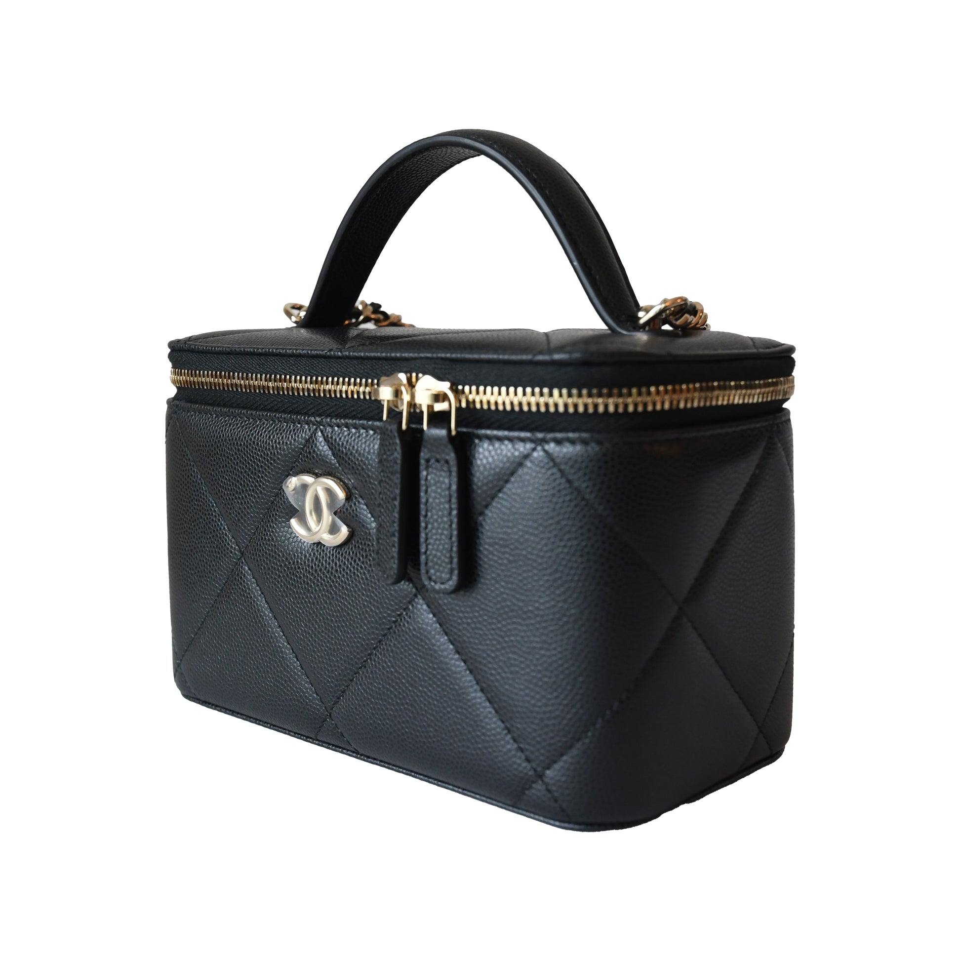Chanel 25K Caviar Quilted Vanity Case Top Handle With Chain Gold hardware Black-NOBLEMARS