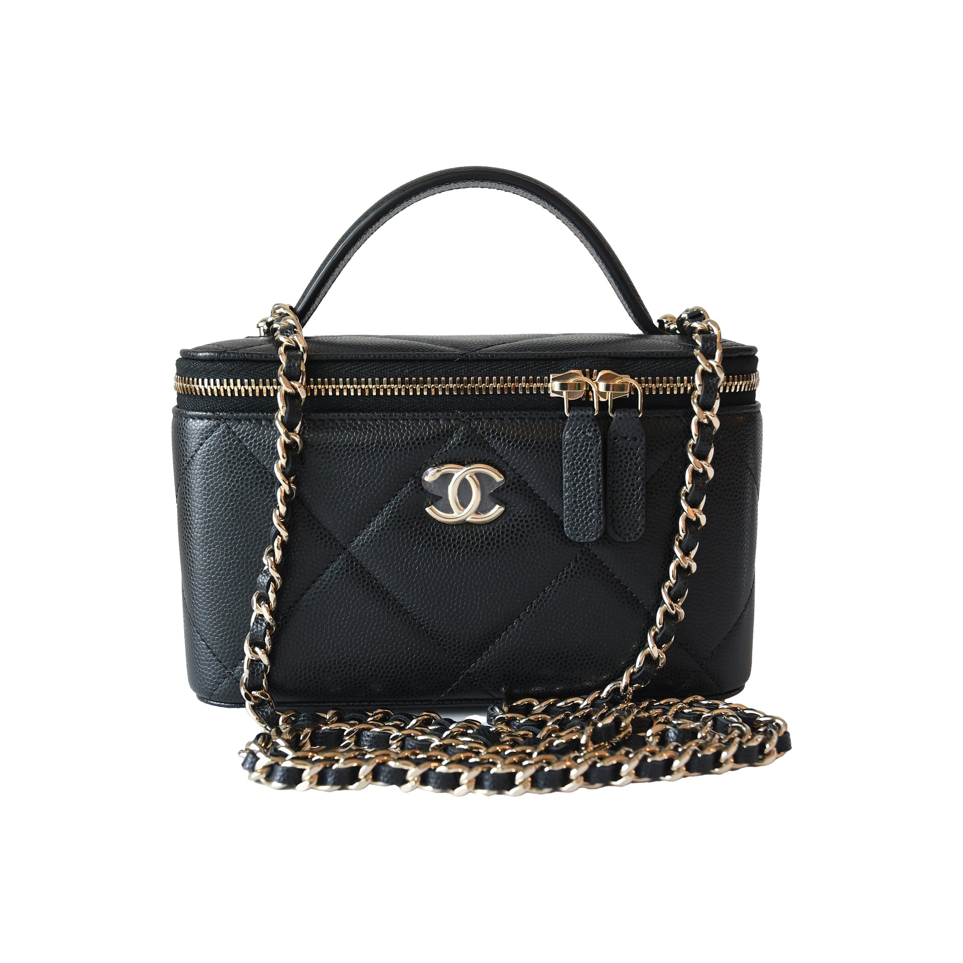 Chanel 25K Caviar Quilted Vanity Case Top Handle With Chain Gold hardware Black-NOBLEMARS