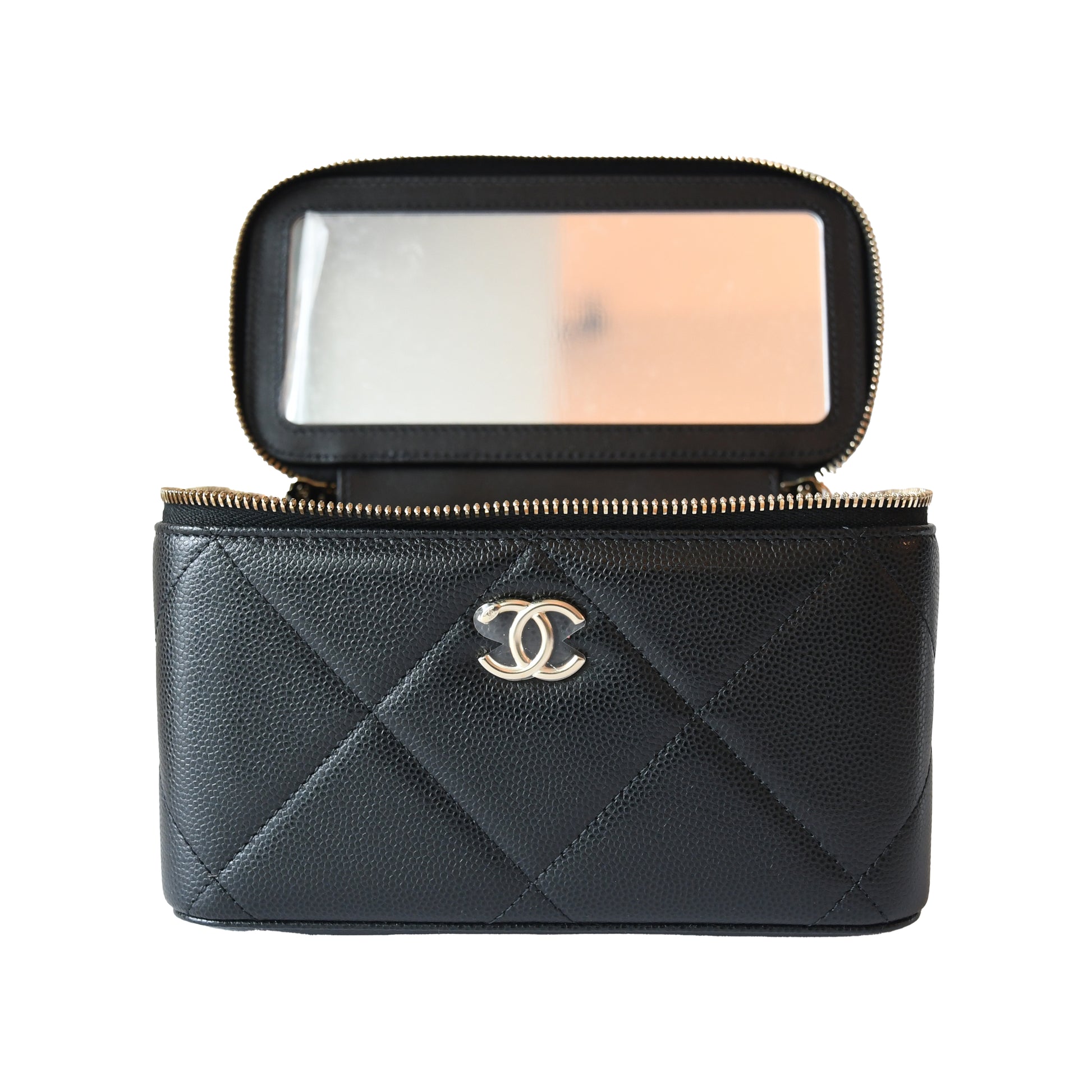 Chanel 25K Caviar Quilted Vanity Case Top Handle With Chain Gold hardware Black-NOBLEMARS